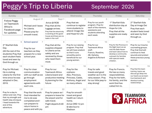 2026 Sept Mission trip prayer calendar