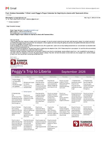 Peggy's Prayer Calendar for Sept trip to Liberia with Teamwork Africa